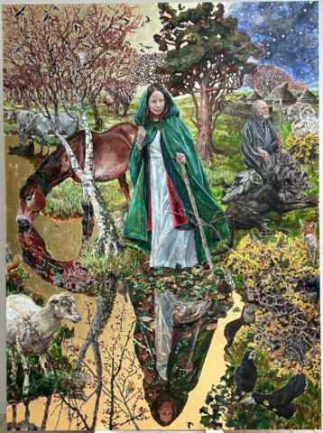 Brigid and Conleth at dawn. 230 x 170 cm. Acrylics, oil and gold leaf on canvas.  Commission by Kildare County Council for the Brigid 1500 Festivities 2024. New Library and Cultural Centre in Naas, County Kildare.