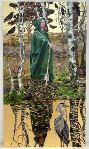 Brigid, rooks and heron at dawn. 210 x 120 cm.   Acrylics, oil and gold leaf on canvas.   Collection Spiritual Centre, Solas Bhríde, Kildare Town, County Kildare, Ireland